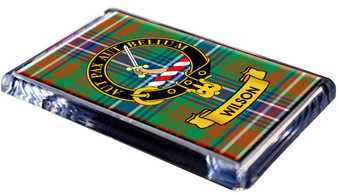 Wilson Clan Tartan Fridge Magnet with Scottish Clan Crest on Clear Acrylic Rectangular Base