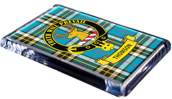 Thomson Clan Tartan Fridge Magnet with Scottish Clan Crest on Clear Acrylic Rectangular Base