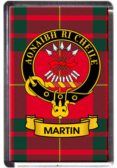 Martin Clan Tartan Fridge Magnet with Scottish Clan Crest on Clear Acrylic Rectangular Base