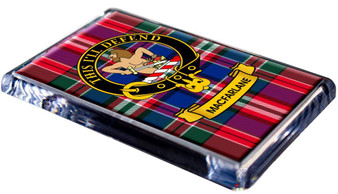 MacFarlane Clan Tartan Fridge Magnet with Scottish Clan Crest on Clear Acrylic Rectangular Base