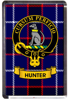 Hunter Clan Tartan Fridge Magnet with Scottish Clan Crest on Clear Acrylic Rectangular Base