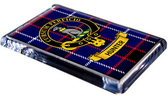 Hunter Clan Tartan Fridge Magnet with Scottish Clan Crest on Clear Acrylic Rectangular Base