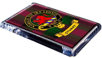 Stuart Clan Tartan Fridge Magnet with Scottish Clan Crest on Clear Acrylic Rectangular Base