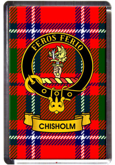 Chisholm Clan Tartan Fridge Magnet with Scottish Clan Crest on Clear Acrylic Rectangular Base