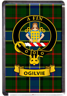 Ogilvie Clan Tartan Fridge Magnet with Scottish Clan Crest on Clear Acrylic Rectangular Base