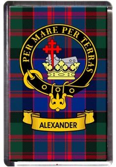 Alexander Clan Tartan Fridge Magnet with Scottish Clan Crest on Clear Acrylic Rectangular Base