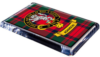 Adamson Clan Tartan Fridge Magnet with Scottish Clan Crest on Clear Acrylic Rectangular Base