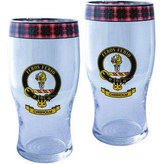Chisholm Clan Traditional Scottish Pint Beer Glasses Pair Tartan Band and Crest