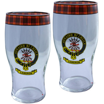 Cameron Clan Traditional Scottish Pint Beer Glasses Pair Tartan Band and Crest