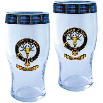 MacKenzie Clan Traditional Scottish Pint Beer Glasses Pair Tartan Band and Crest