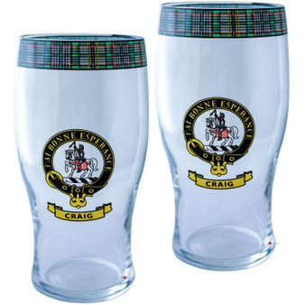 Craig Clan Traditional Scottish Pint Beer Glasses Pair Tartan Band and Crest