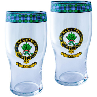 Irvine Clan Traditional Scottish Pint Beer Glasses Pair Tartan Band and Crest