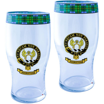 Johnstone Clan Traditional Scottish Pint Beer Glasses Pair Tartan Band and Crest