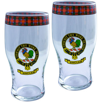 Sinclair Clan Traditional Scottish Pint Beer Glasses Pair Tartan Band and Crest