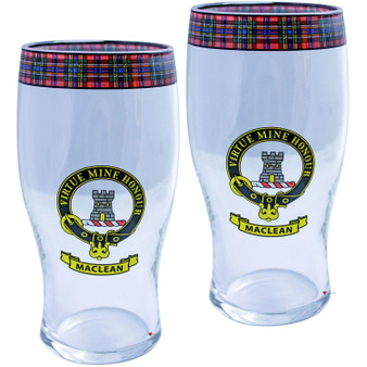 MacLean Clan Traditional Scottish Pint Beer Glasses Pair Tartan Band and Crest