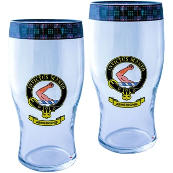Armstrong Clan Traditional Scottish Pint Beer Glasses Pair Tartan Band and Crest