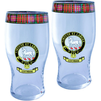 Cochrane Clan Traditional Scottish Pint Beer Glasses Pair Tartan Band and Crest