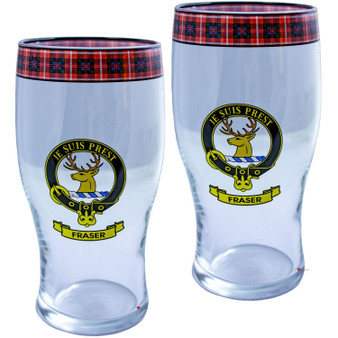 Fraser Clan Traditional Scottish Pint Beer Glasses Pair Tartan Band and Crest