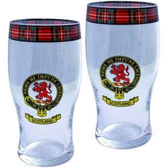 Scotland Clan Traditional Scottish Pint Beer Glasses Pair Tartan Band and Crest
