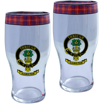 Hamilton Clan Traditional Scottish Pint Beer Glasses Pair Tartan Band and Crest