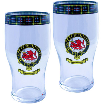 Farquharson Clan Traditional Scottish Pint Beer Glasses Pair Tartan Band and Crest