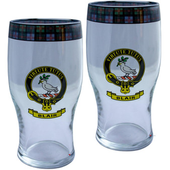 Blair Clan Traditional Scottish Pint Beer Glasses Pair Tartan Band and Crest