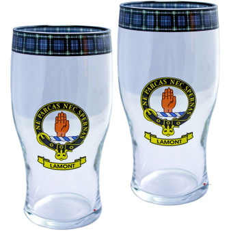 Lamont Clan Traditional Scottish Pint Beer Glasses Pair Tartan Band and Crest