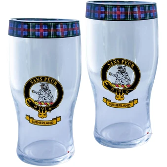 Sutherland Clan Traditional Scottish Pint Beer Glasses Pair Tartan Band and Crest