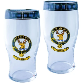 Forbes Clan Traditional Scottish Pint Beer Glasses Pair Tartan Band and Crest