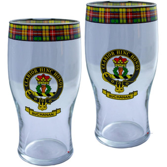 Buchanan Clan Traditional Scottish Pint Beer Glasses Pair Tartan Band and Crest