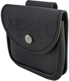 Leather Utility Pouch Black Embossed Celtic Knot Design Small, Attaches to Trouser Belt, Kilts Scottish Made