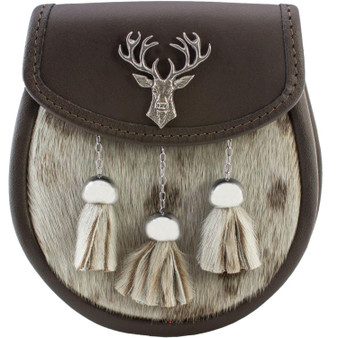 Semi Dress Sporran Spotty Fur Brown Leather with Stag Badge in Polished Finish