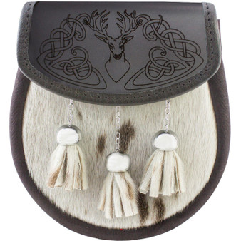 Semi Dress Sporran Black Leather Lid with Embossed Thistle Rim Polished Brown Fur Tassels and Body