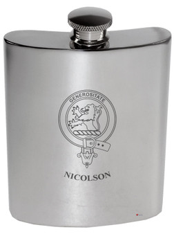 Nicolson Family Crest 6oz Polished Pewter Kidney Flask