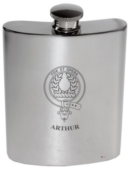 Arthur Family Crest 6oz Polished Pewter Kidney Flask