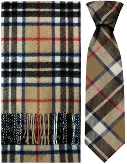 Thomson Camel Modern Tartan Brushwool Scarf & Tie Gift Set Scottish Clan
