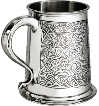 1 Pint Pewter Tankard with Celtic Spirals Design Swan Handle