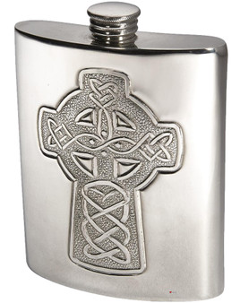 6oz Hip Flask With Celtic Cross Design embossed on front Kidney shaped pewter flask Bright Polished Finish Engravable on back Made in the UK