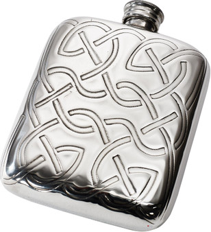 4oz Pewter Pocket Flask Scottish Celtic Knot Pattern Embossed front of flask Made in the UK