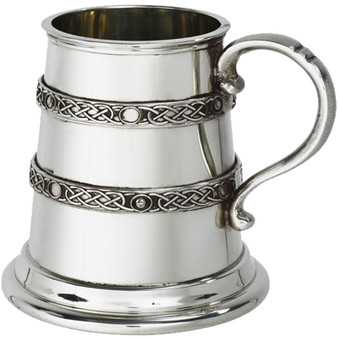 Quarter Pint Christening Baby Gift Double Celtic band detail on Mug Pewter Scroll Handle Ideal for Engraving Supplied in Satin Presentation Box Made in the UK