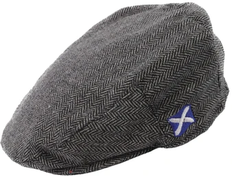 Tweed Flat Cap Grey Herringbone Fabric Embroidered Saltire Logo Traditional Scottish