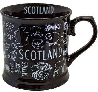 Scottish Black Tankard shape Mug Contains pictures in White on Black of iconic Scottish items Set of 2