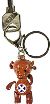 Dancing Cow Keyring Red With Saltire Cross Scottish Flag Twin Clasp Swivel Lobster Carabiner Snap Hook and Flat Split Ring