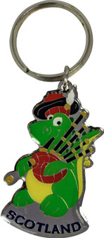 Scottish Souvenir Keyring Fun Nessie with Bagpipes Green Colour on Brass Metal