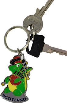 Scottish Souvenir Keyring Fun Nessie with Bagpipes Green Colour on Brass Metal