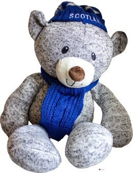 Sitting Grey Bear With Blue Saltire Hat & Scarf With Nose Cute Eyes Plush Soft Toy Gift for Kids