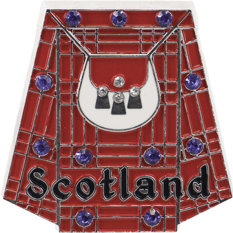 Enamel Fridge Magnet Red Kilt Crystal Bling with Scotland Banner