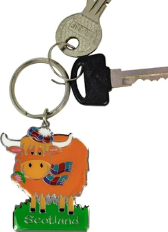 Scottish Souvenir Keyring Fun Orange Highland Coo Design Scotland on Brass Metal