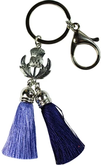Metal Thistle Keyring Traditional Scottish with Black and Purple Tassels Twin Clasp Swivel Lobster Carabiner Snap Hook and Flat Split Ring