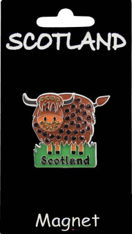Enamel Fridge Magnet Highland Coo Crystal Bling with Scotland Banner